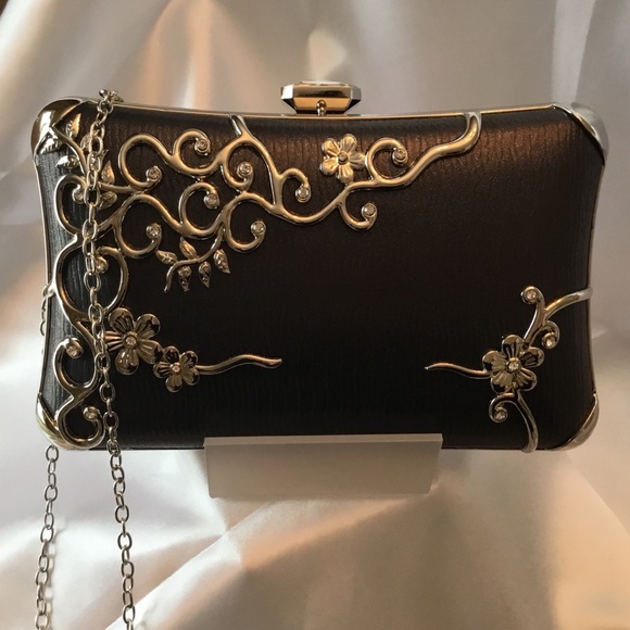 Fabulous Dark Grey Silver Scroll Detail Evening Bag - Picture 12 of 14